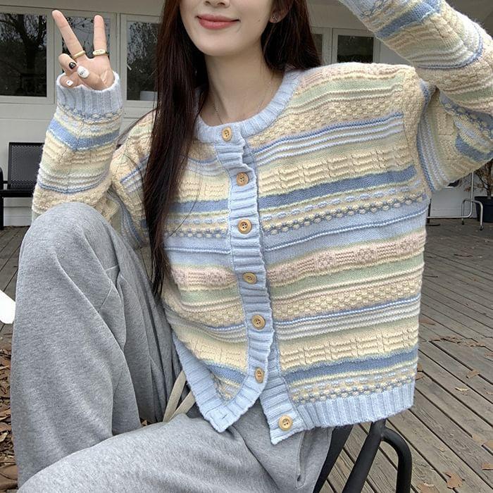 Round Neck Striped Button Up Cardigan Product Image