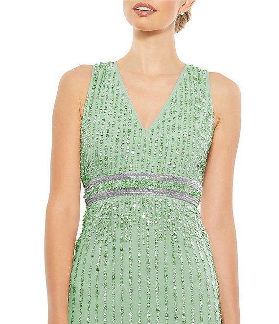 Mac Duggal Sequin V-Neck Sleeveless Midi Dress Product Image