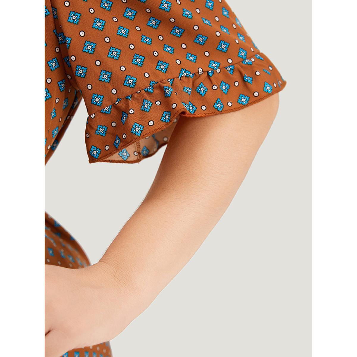 Plus Size Bandana Print Flutter Trim Pocket Belted Dress Chocolate Women Vacation Belted Round Neck Short sleeve Curvy Midi Dress BloomChic 28/5X Product Image