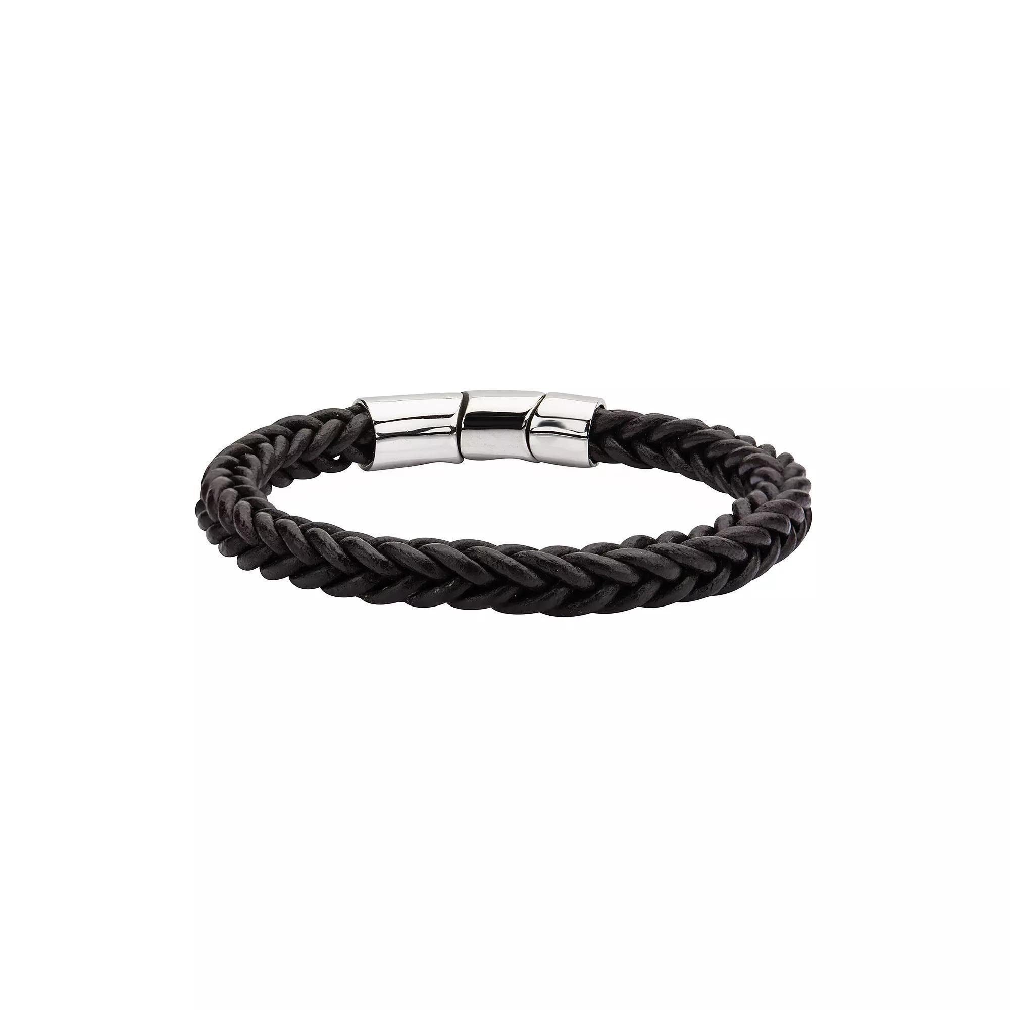 Men's Braided Brown Leather Magnetic Bracelet, Size: 8.5", Stainless Product Image