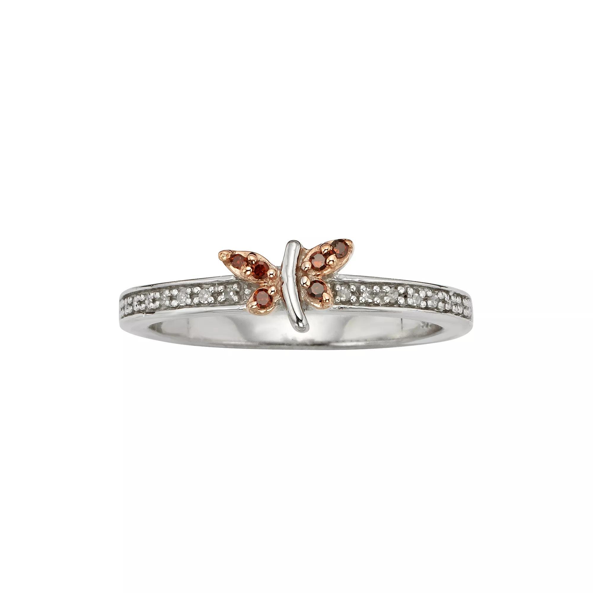 Jewelexcess Sterling Silver 1/10-ct. T.W. Red and White Diamond Butterfly Ring, Women's, Size: 8 Product Image