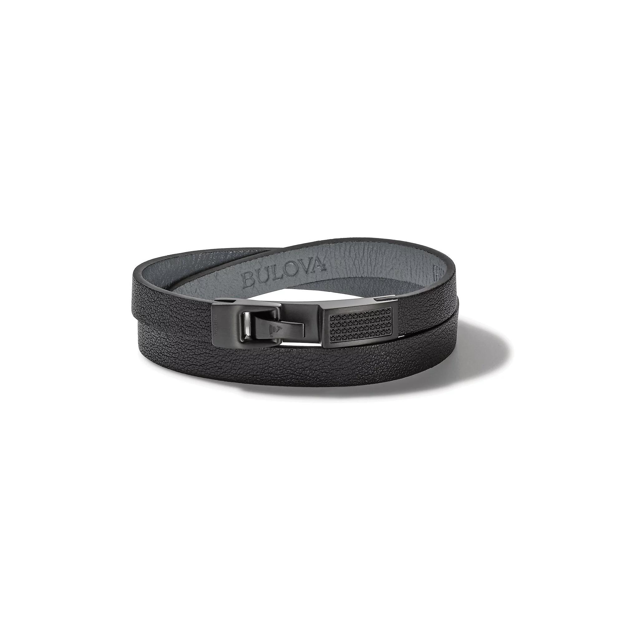 Bulova Men's Latin Grammy Black Diamond Accent & Leather Double Wrap Bracelet, Size: 7" Product Image