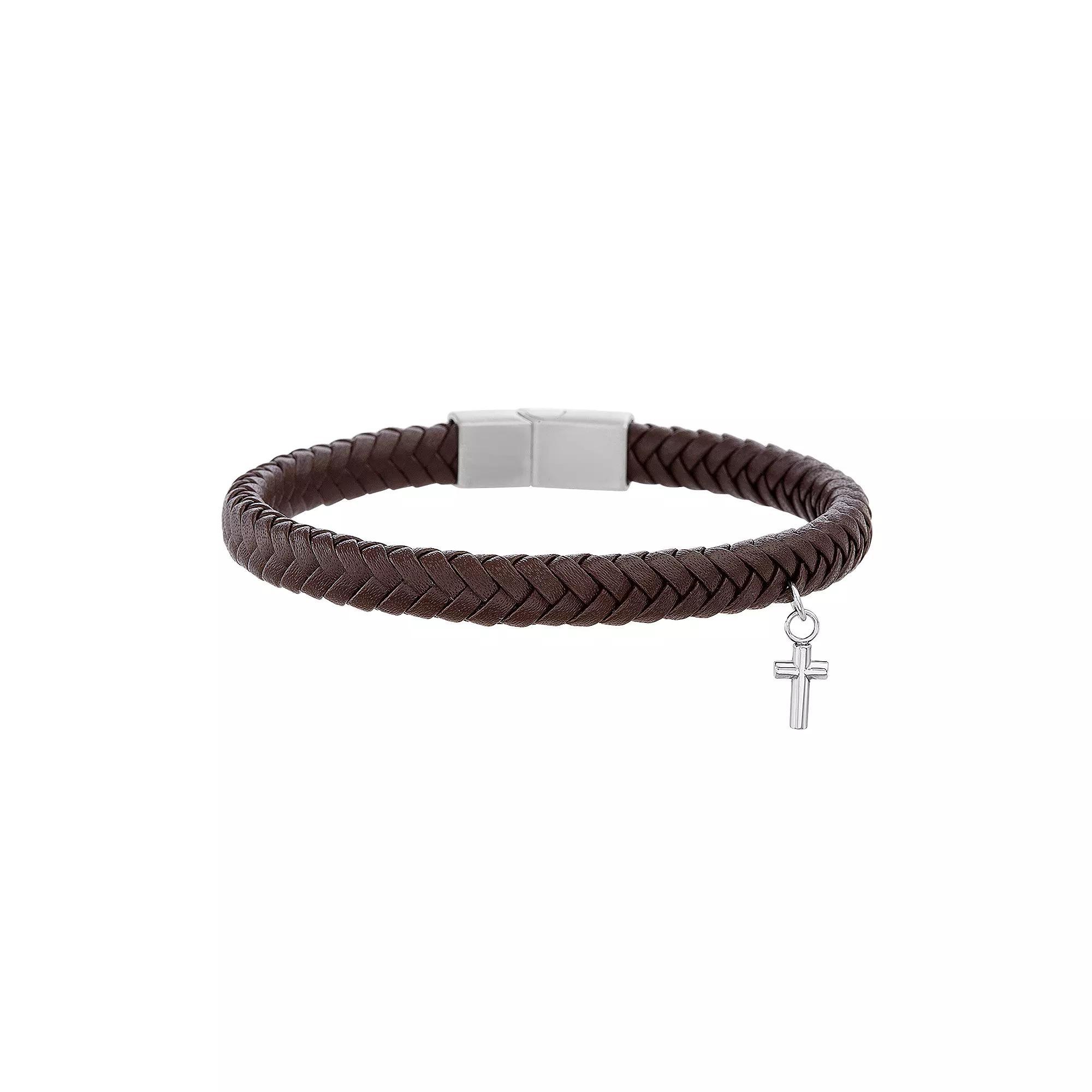 slate Mens Braided Brown Leather with Stainless Steel Cross Charm Bracelet Silver Tone Product Image