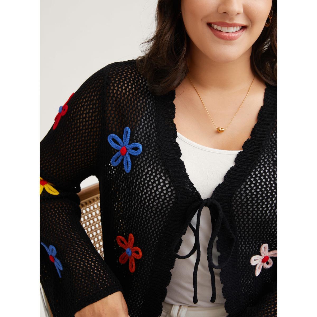 Plus Size Knit Floral Front Tie Cardigan Black Women Casual Loose Long Sleeve Everyday Cardigans BloomChic 12/L Product Image
