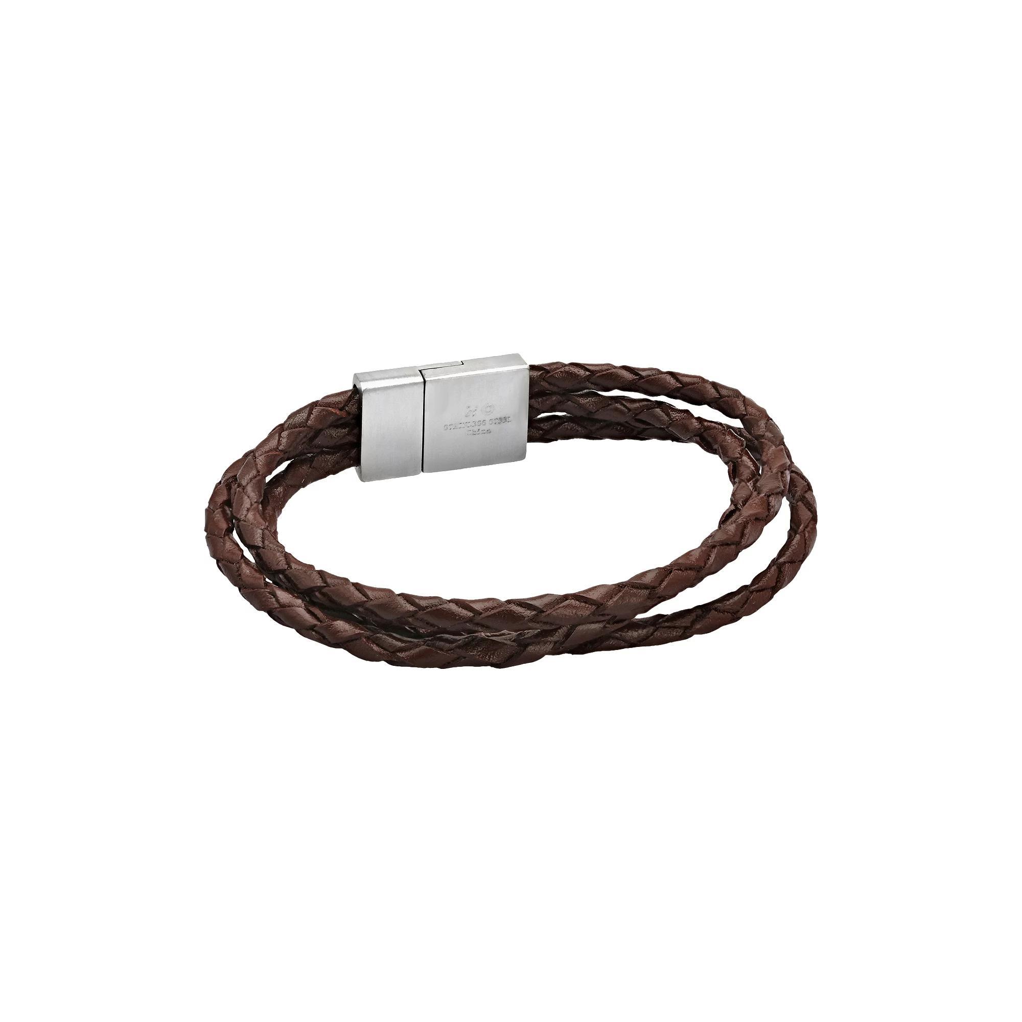 LYNX Stainless Steel & Brown Leather Rope Bracelet - Men, Men's, Size: 8.5" Product Image
