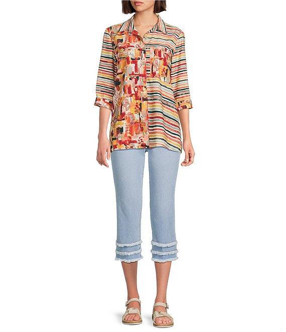 Multiples Petite Size Woven Multi Print Point Collar 3/4 Sleeve Button Front Fitted Shirt Product Image