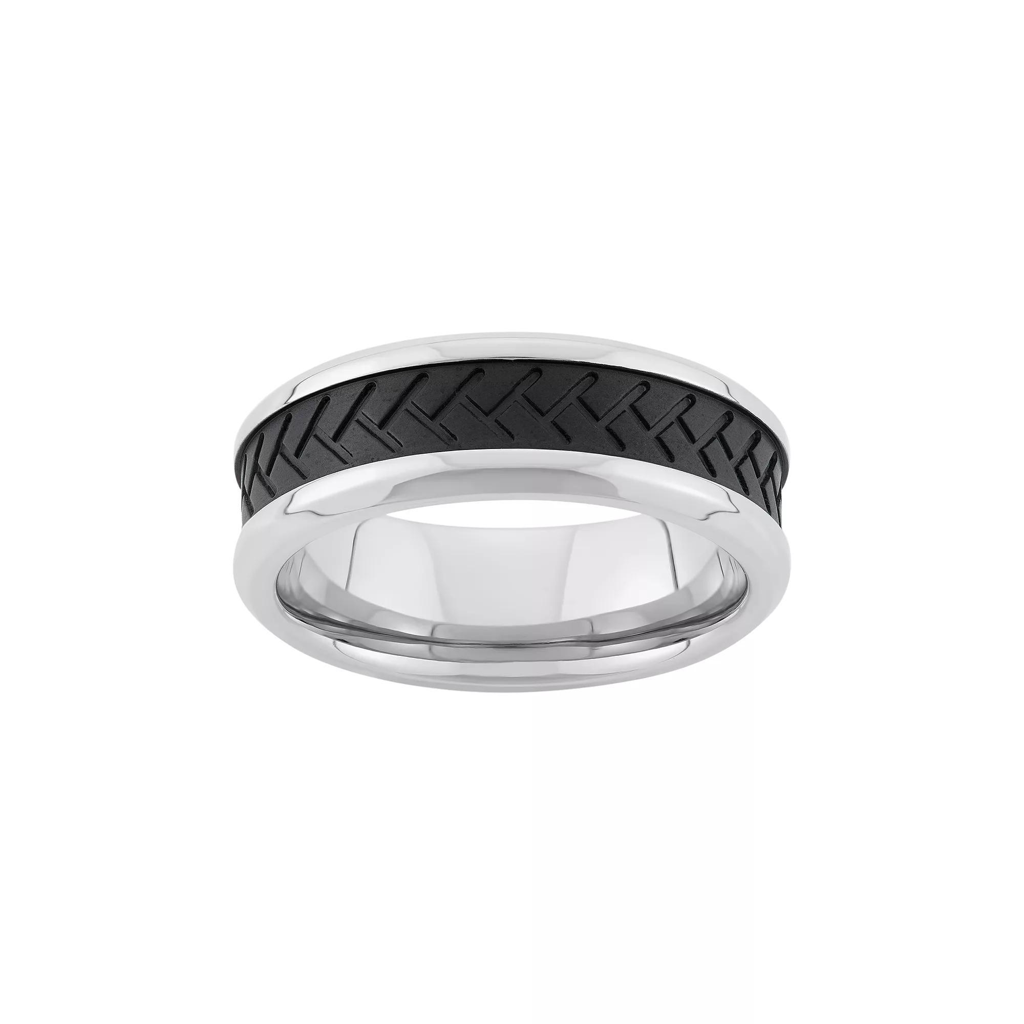 Two Tone Stainless Steel Tire Tread Wedding Band - Men, Mens Grey Product Image