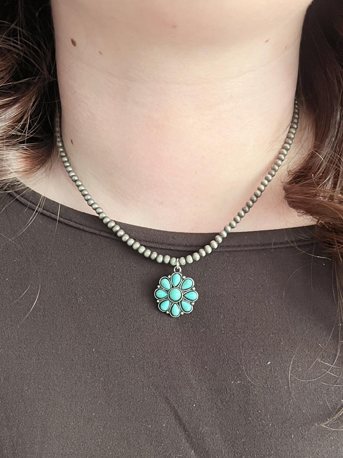 Turquoise Little Flower Navajo Beaded Necklace Product Image