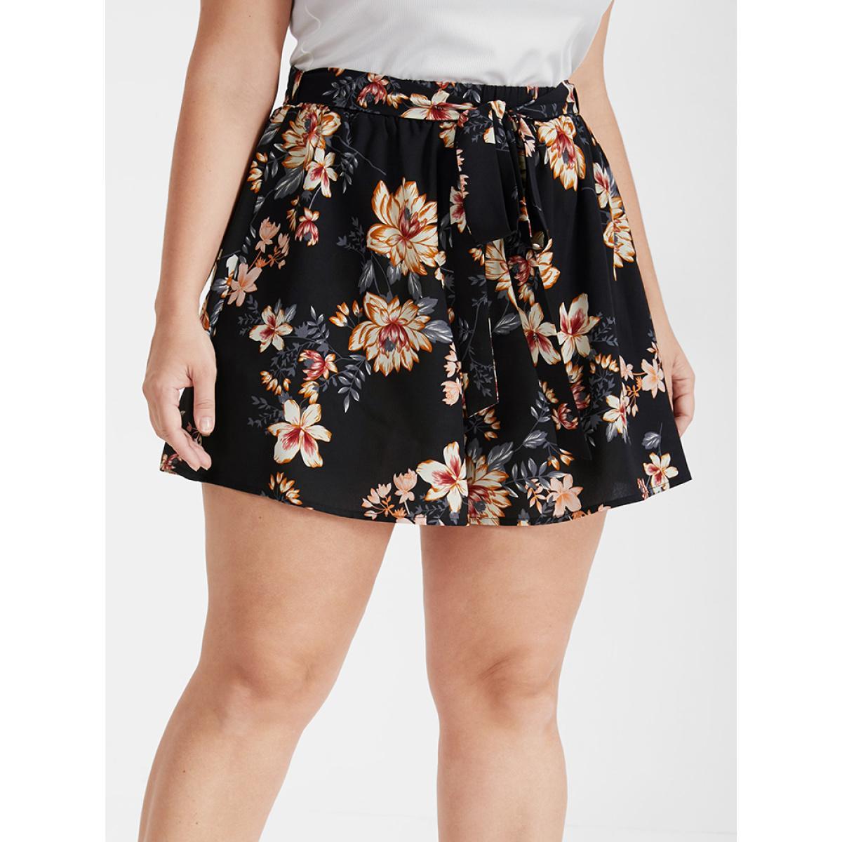 Plus Size Floral Belted Pocket Elastic Waist Shorts Women BlackFlower Casual Belted Dailywear Shorts BloomChic 10/M Product Image