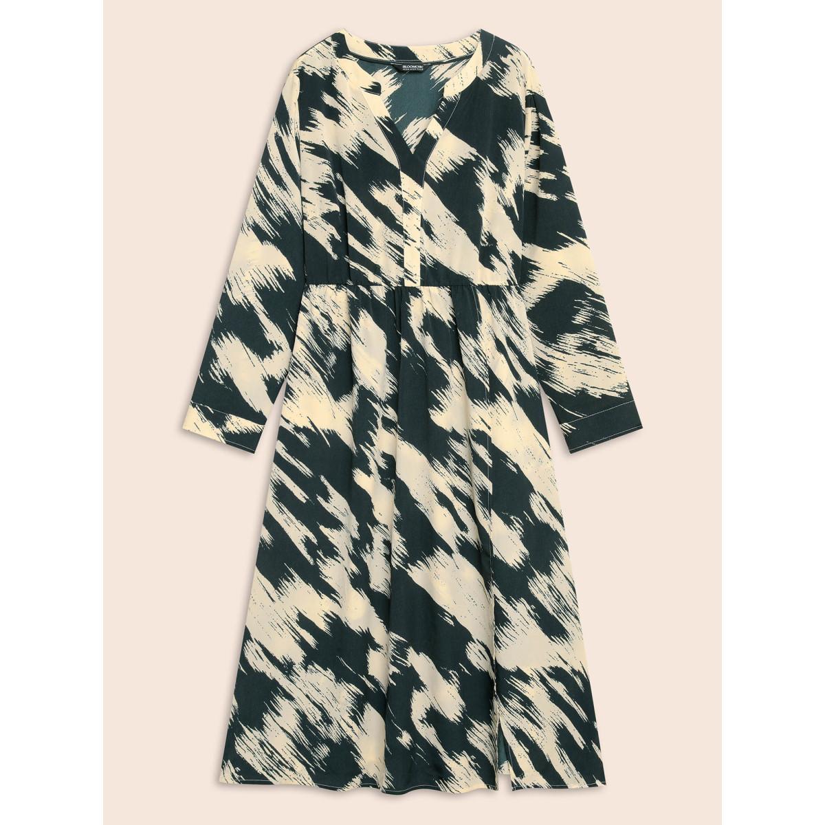 Plus Size Brush Print Notched Collar Midi Dress DarkSlateGray Women At the Office Contrast Notched collar Long Sleeve Curvy BloomChic 30/6X Product Image