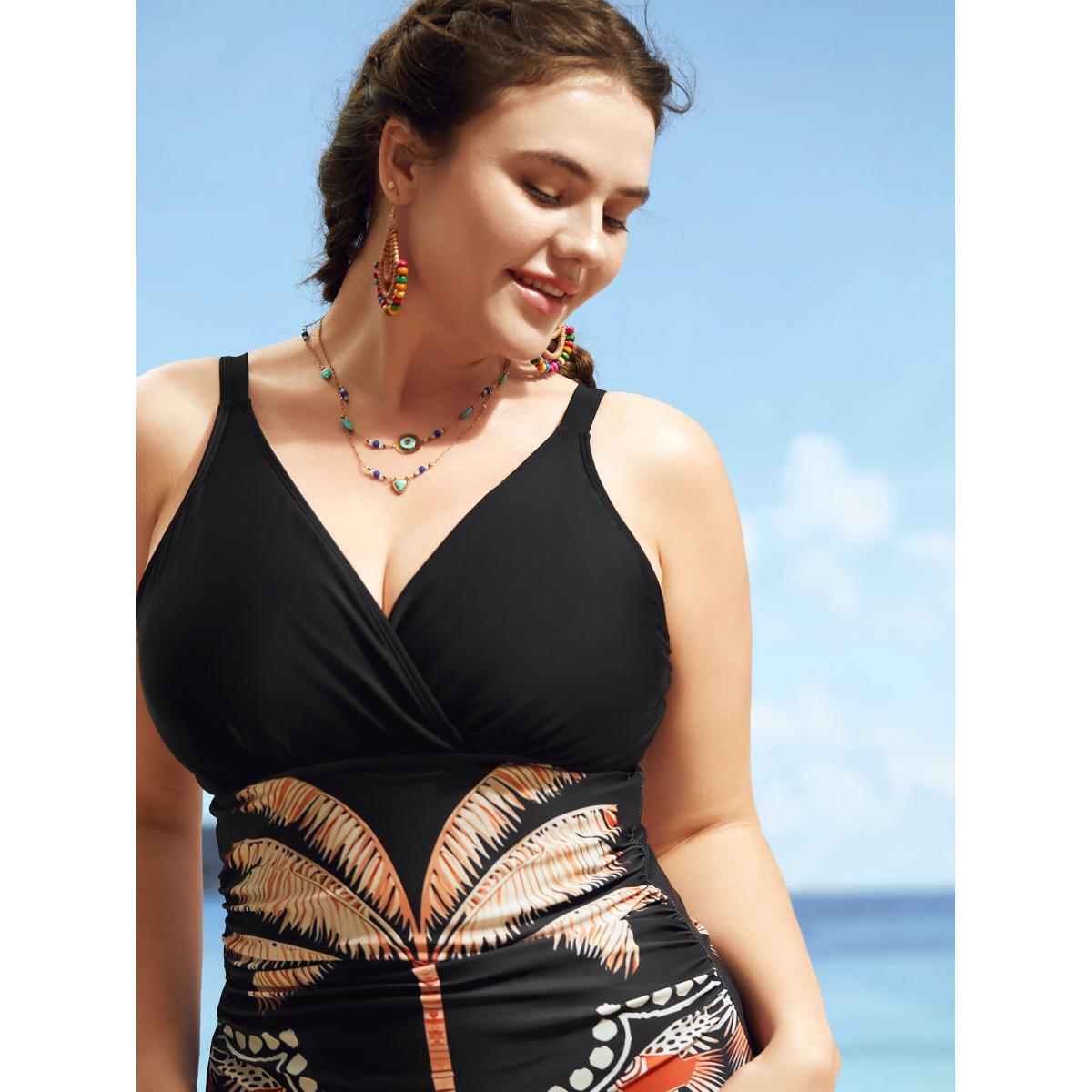 Plus Size Overlap Collar Tropical Print Gathered One Piece Swimsuit Women's Swimwear Black Beach Gathered Curve Bathing Suits High stretch One Pieces BloomChic 26/4X Product Image