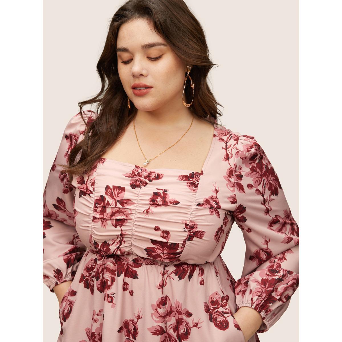 Plus Size Floral Ruched Square Neck Lantern Sleeve Dress DustyPink Women Elegant Non Square Neck Long Sleeve Curvy Midi Dress BloomChic 26/4X Product Image