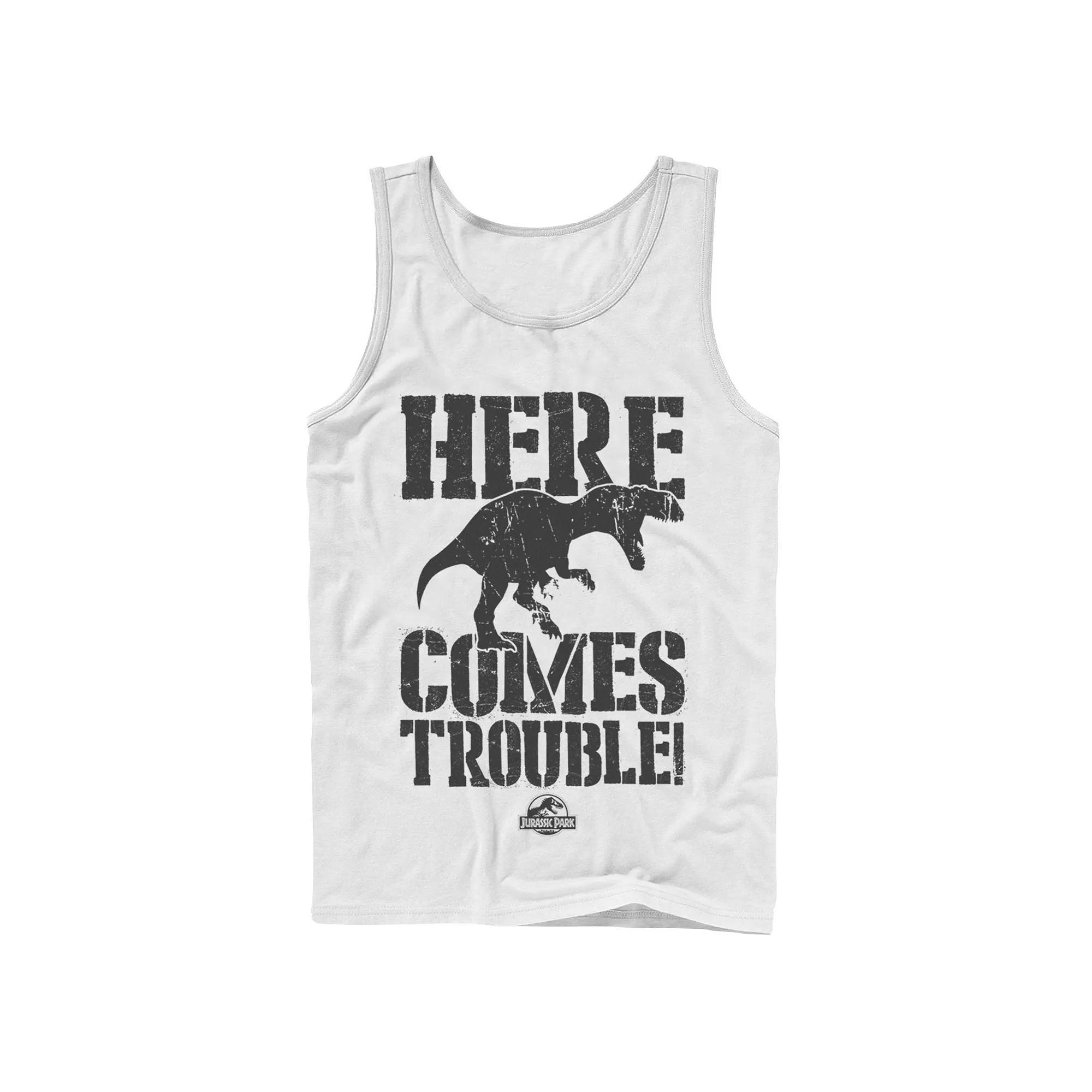 Men's Jurassic Park Here Comes Trouble Tank Top, Size: Small, Grey Product Image