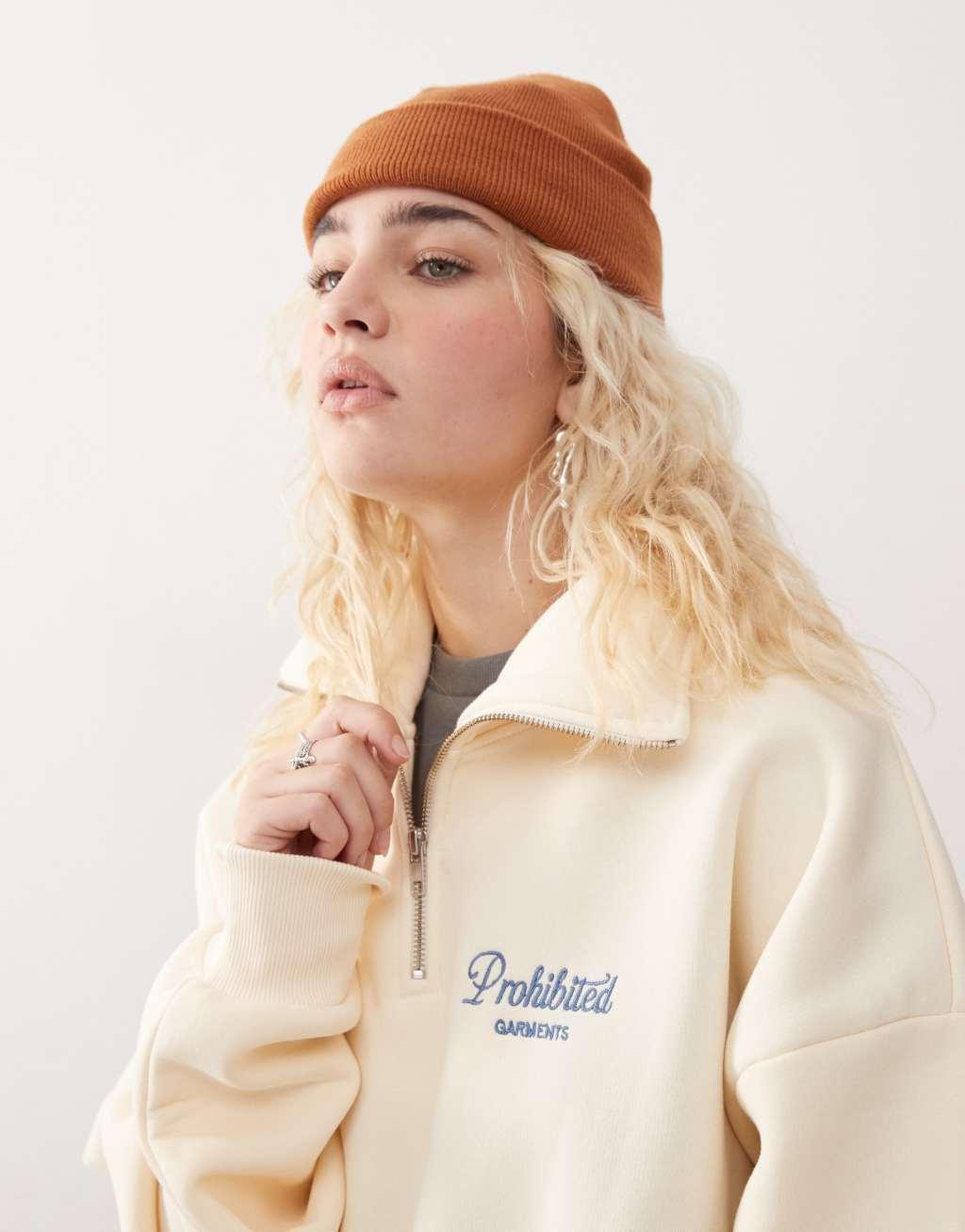 Prohibited half zip contrast logo detail sweatshirt in cream Product Image