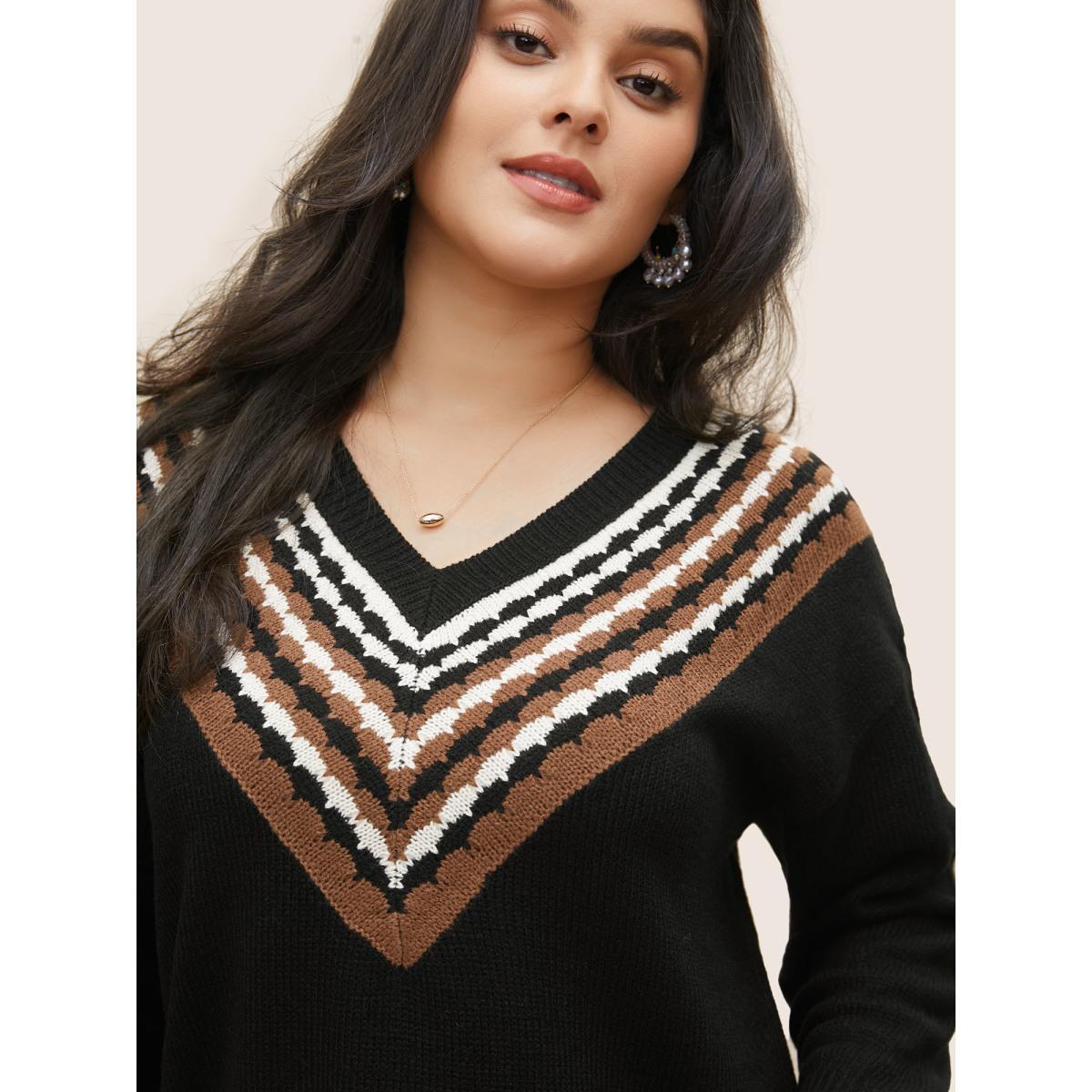 Plus Size V Contrast Striped Patchwork Knit Pullover Black Women Casual Loose Long Sleeve V-neck Dailywear Pullovers BloomChic 10/M Product Image