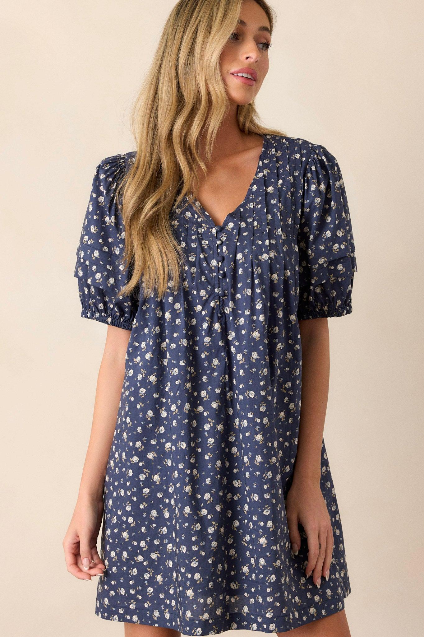 Never Enough 100% Cotton Navy Puff Sleeve Mini Dress Product Image