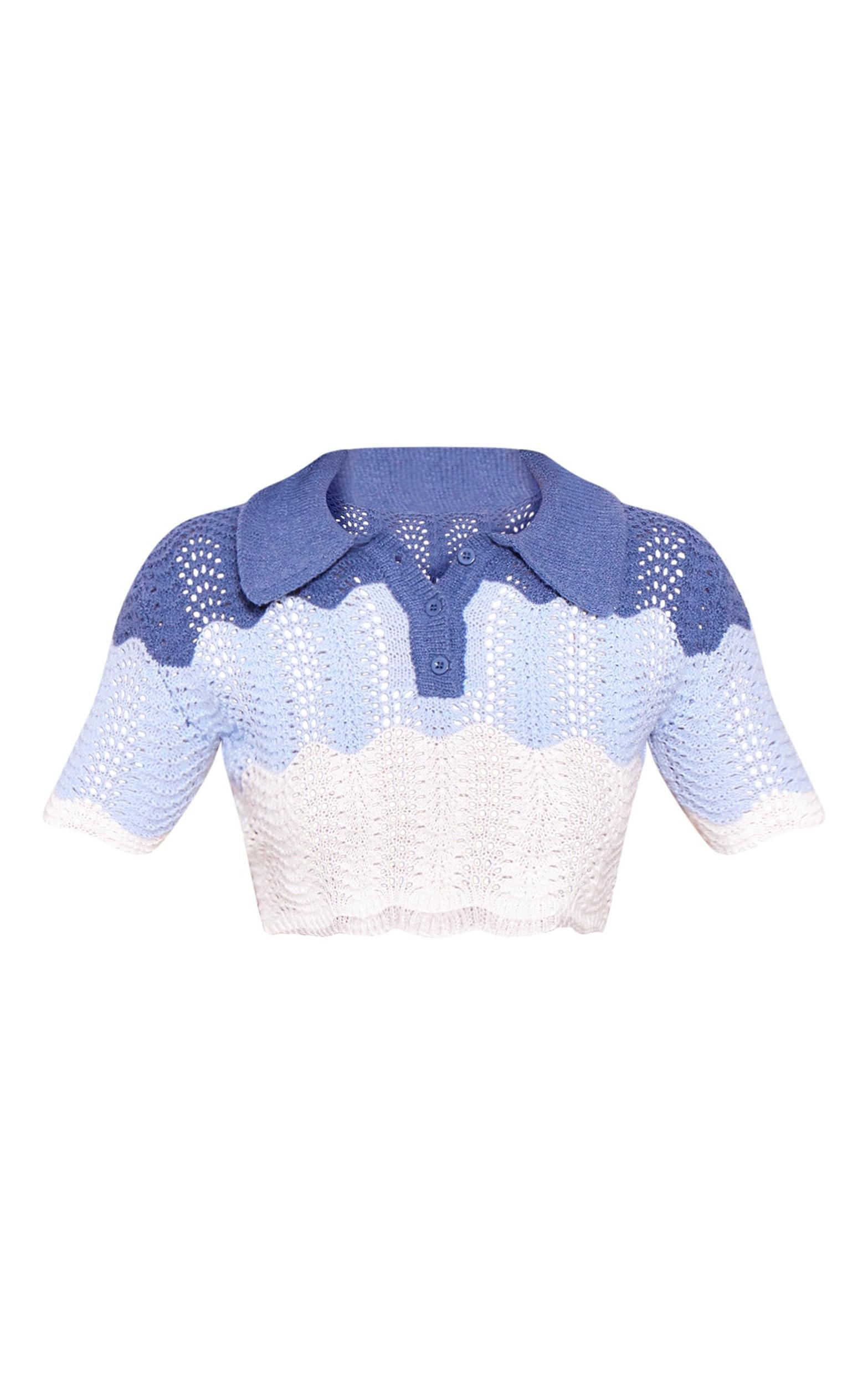 Blue Contrast Crochet Knit Cropped Top Product Image