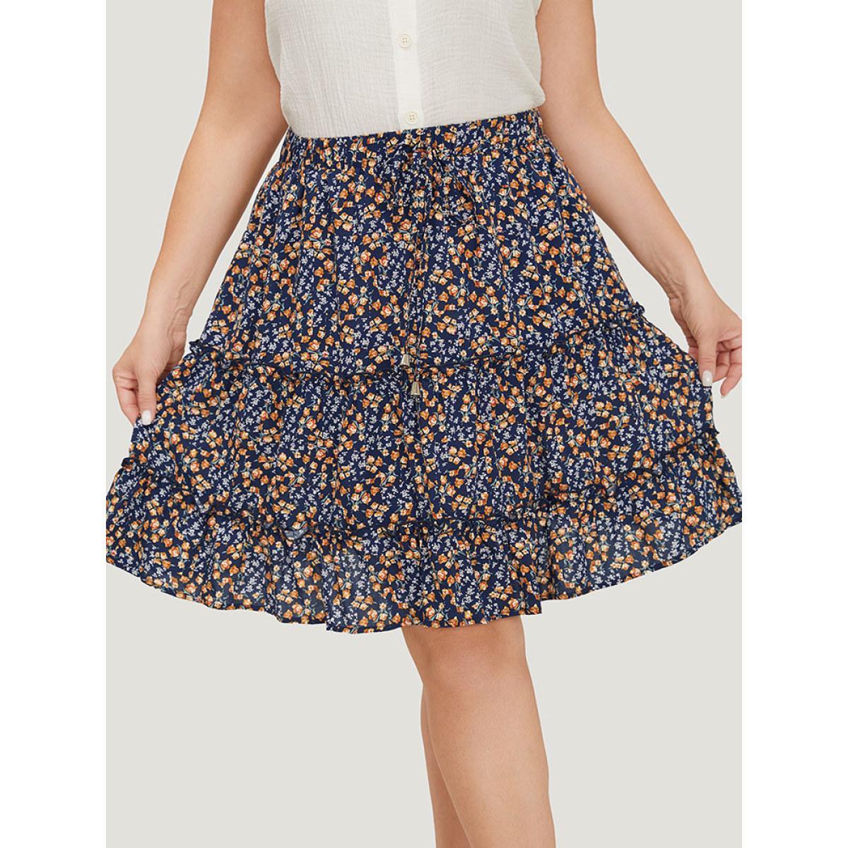 Plus Size Ditsy Floral Ruffle Hem Pocket Frill Trim Skirt Women Indigo Elegant Printed No stretch Dailywear Skirts BloomChic 14-16/1X Product Image