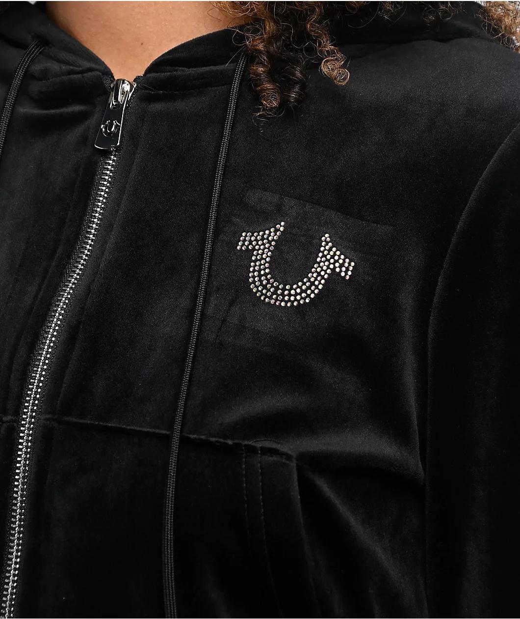 True Religion Crystal Shrunken Black Velour Zip Hoodie Product Image