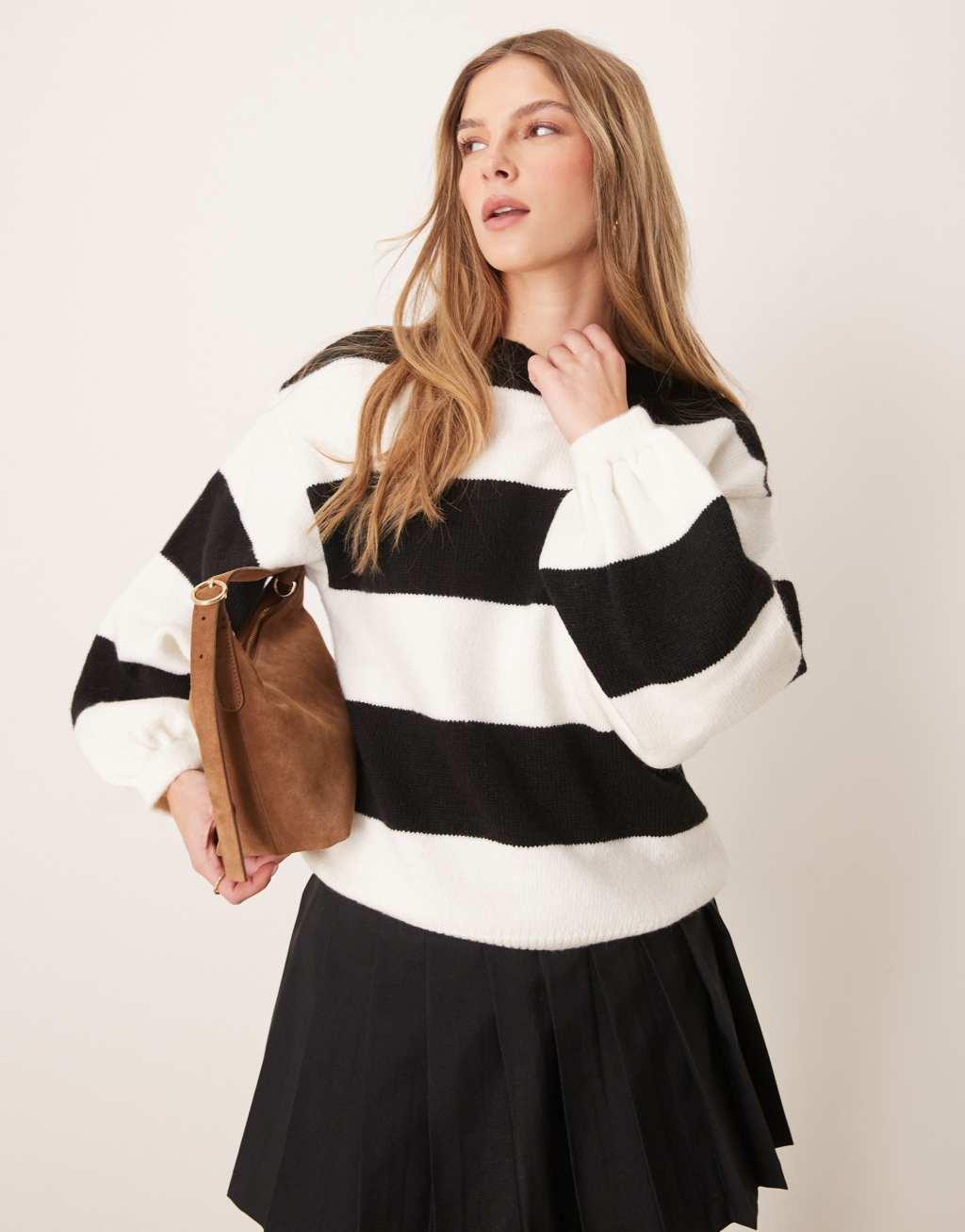 ASOS DESIGN slouchy balloon sleeve sweater in black and white stripe Product Image