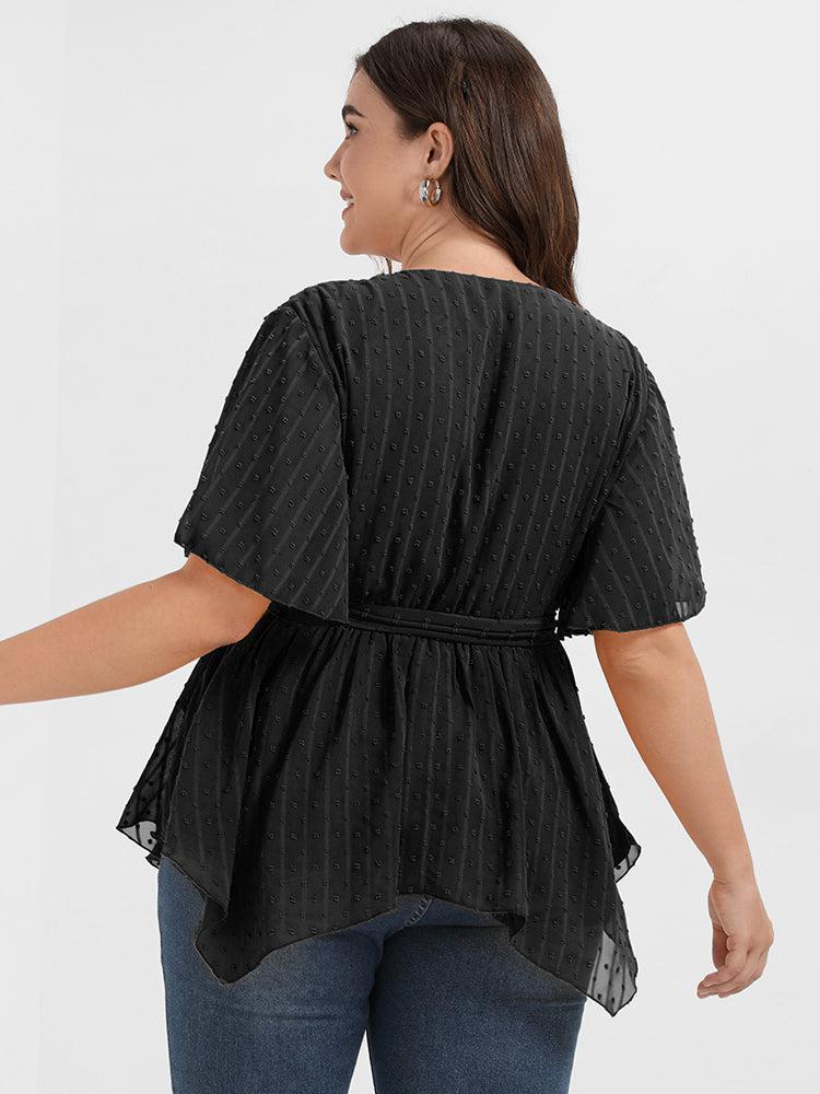Solid Embroidered Asymmetrical Ruffled Belted Wrap Blouse Female Product Image
