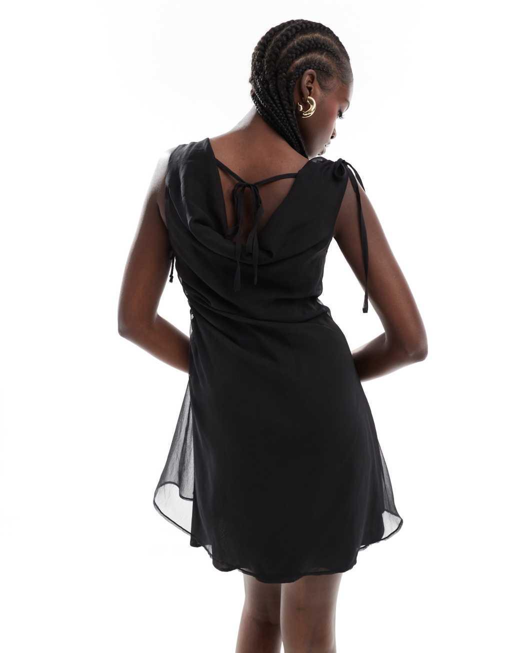 ASOS DESIGN cowl neck gathered side mini dress with eyelet trim in black Product Image