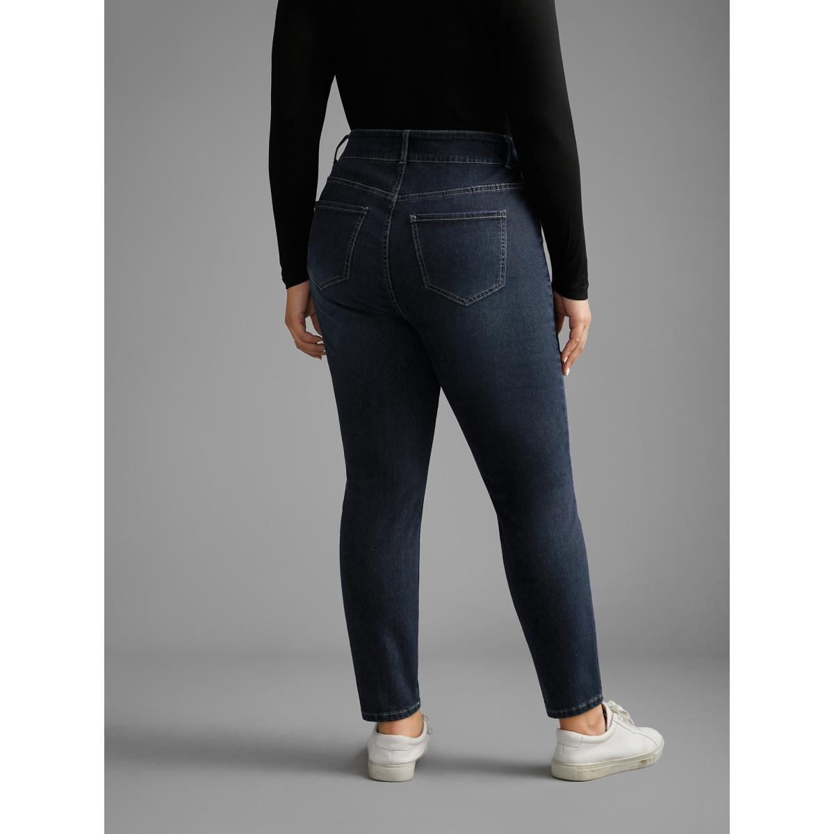 Plus Size Dark Wash Button Up Skinny Jeans Women Darkindigo Casual Button Medium stretch Slanted pocket Jeans BloomChic 14/1X Product Image