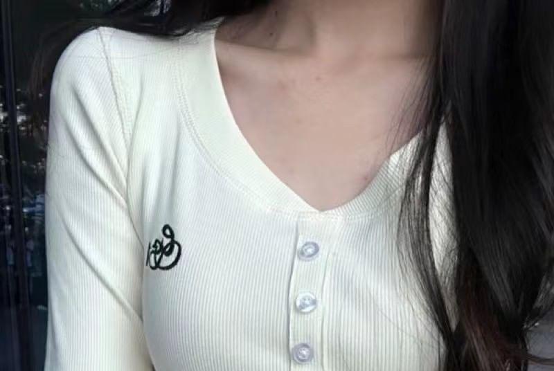 Long-Sleeve V-Neck Half Buttoned Lettering Top Product Image