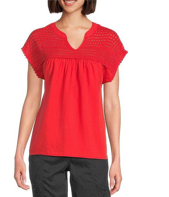 Westbound Crochet Yoke Notch Neck Short Sleeve Top Product Image