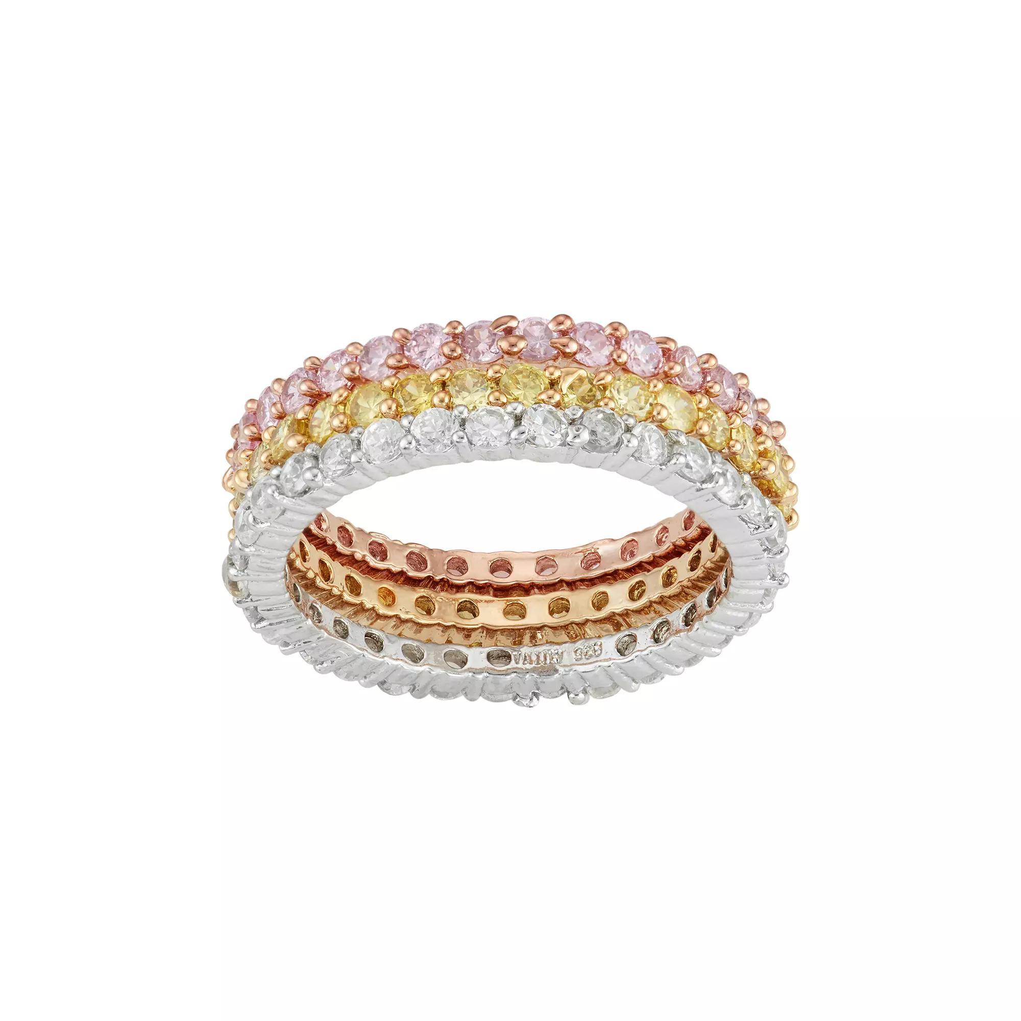 Cubic Zirconia Tri-Tone Sterling Silver Stack Ring Set, Womens Multicolor Product Image
