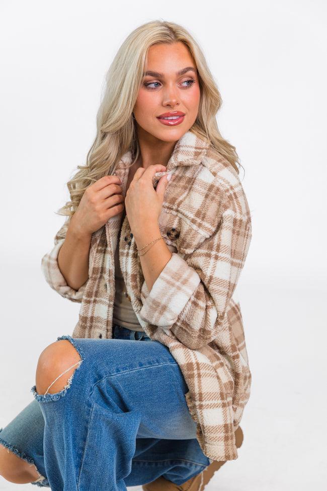 Through The Leaves Khaki Sherpa Plaid Shacket FINAL SALE Product Image