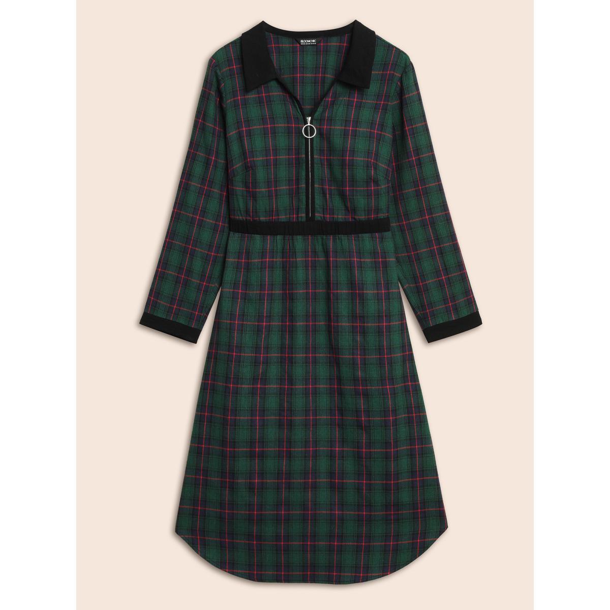 Plus Size Contrast Plaid O Ring Zipper Dress Emerald Women At the Office Contrast Shirt collar Long Sleeve Curvy BloomChic 18-20/2X Product Image