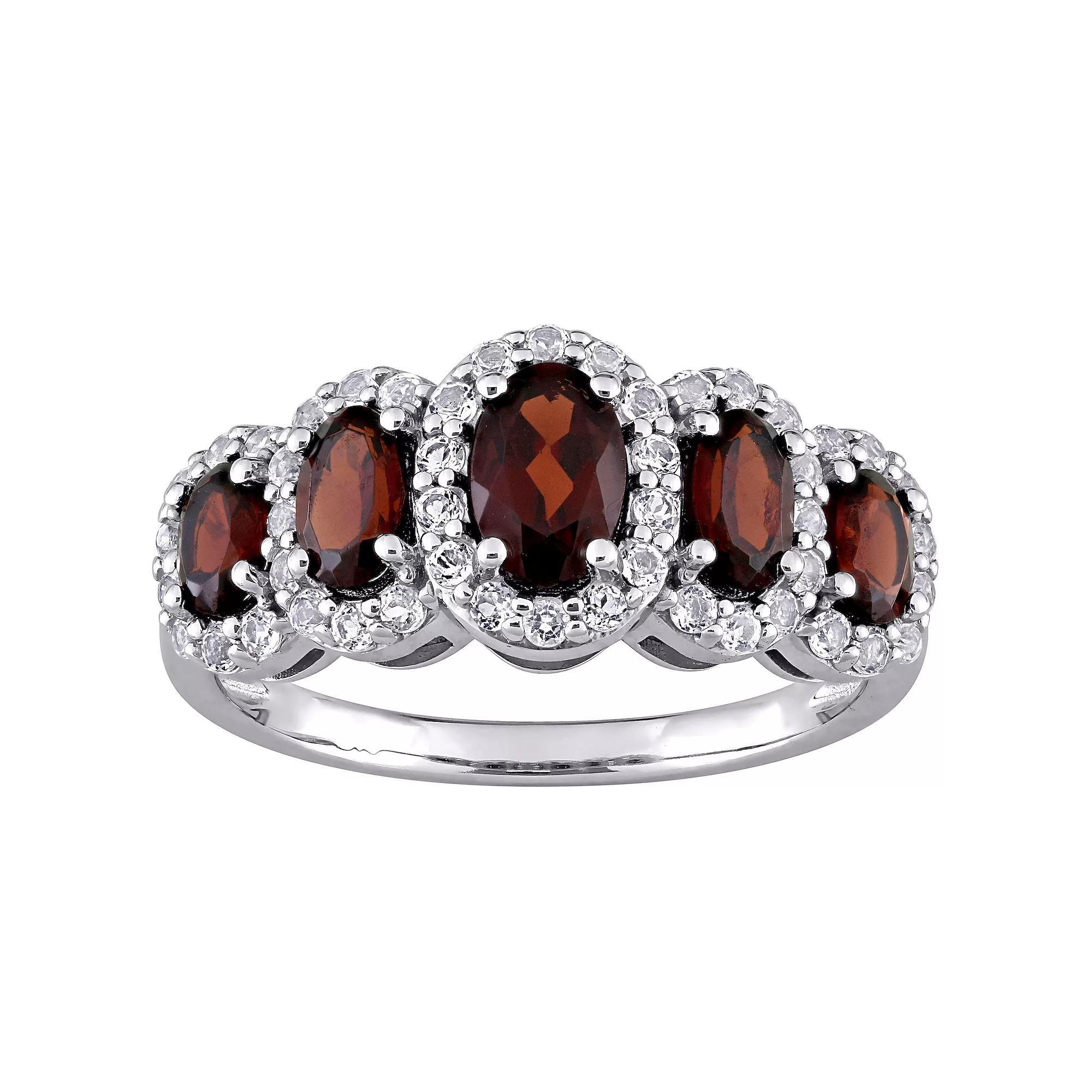 Stella Grace 10k White Gold Garnet & White Topaz Halo 5-Stone Ring, Women's, Size: 5.50 Product Image