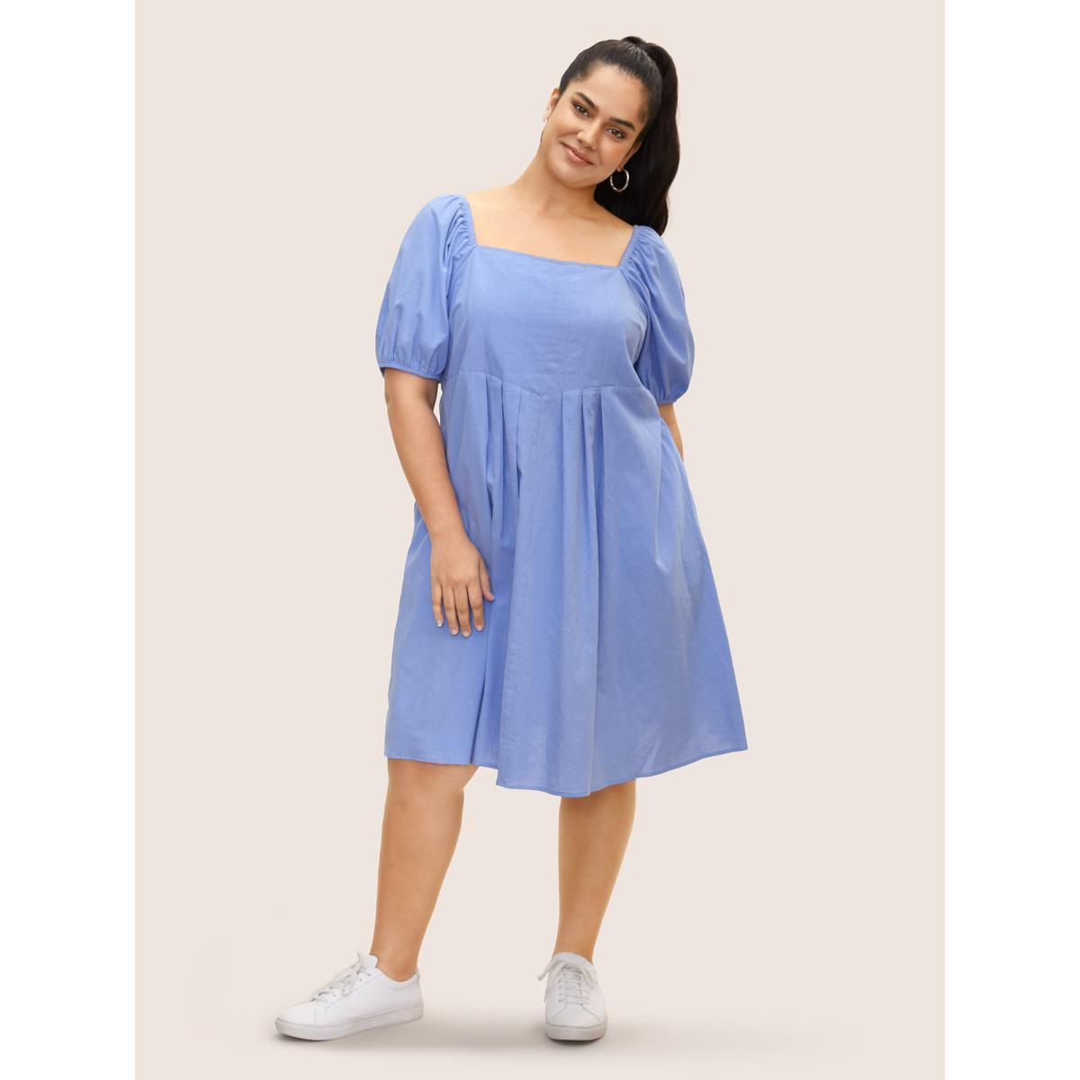 Plus Size Square Neck Plain Pleated Puff Sleeve Dress Stone Women Casual Square Neck Short sleeve Curvy BloomChic 14-16/1X Product Image