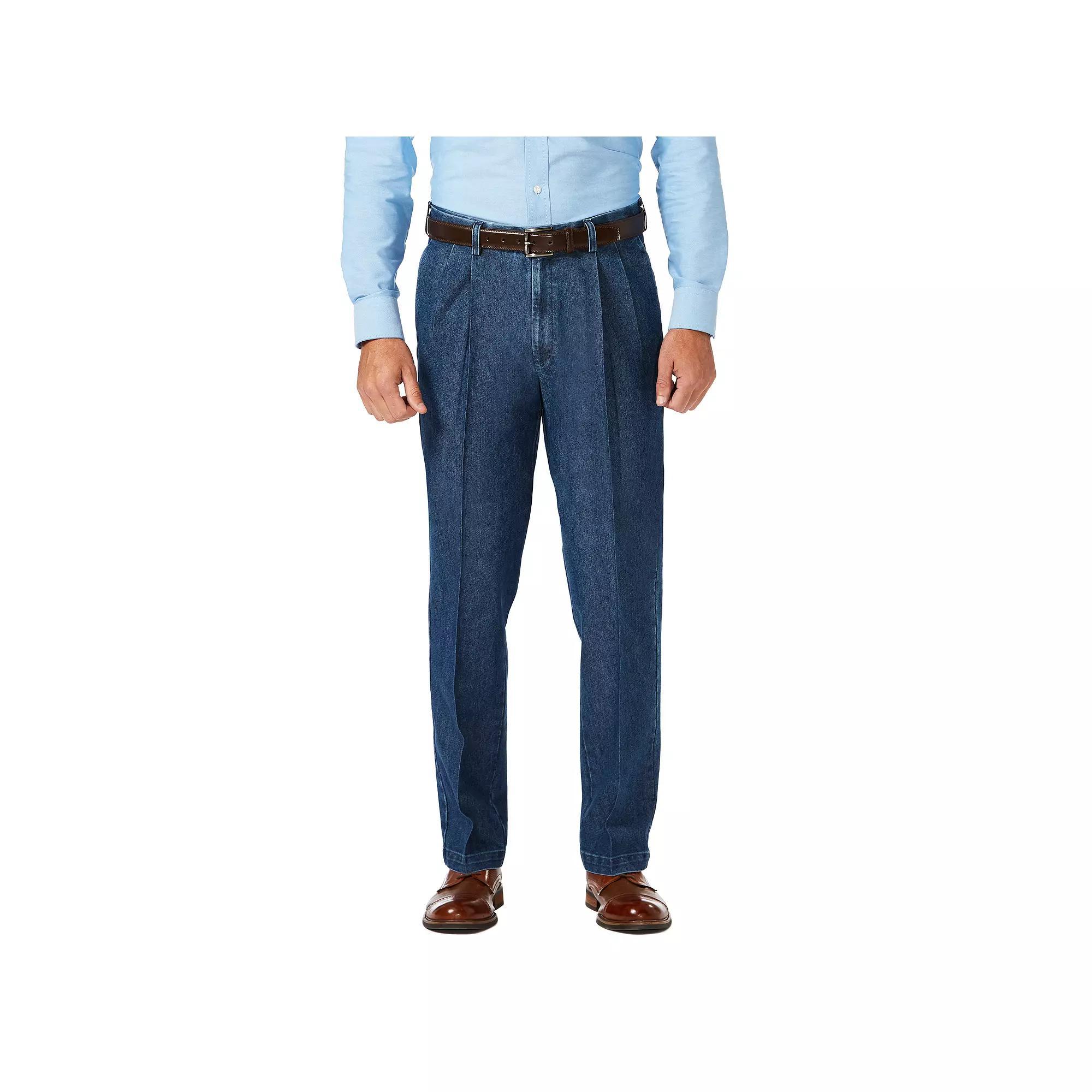 Mens Haggar Classic-Fit Stretch Expandable-Waist Pleated Jeans Medium Blue Product Image