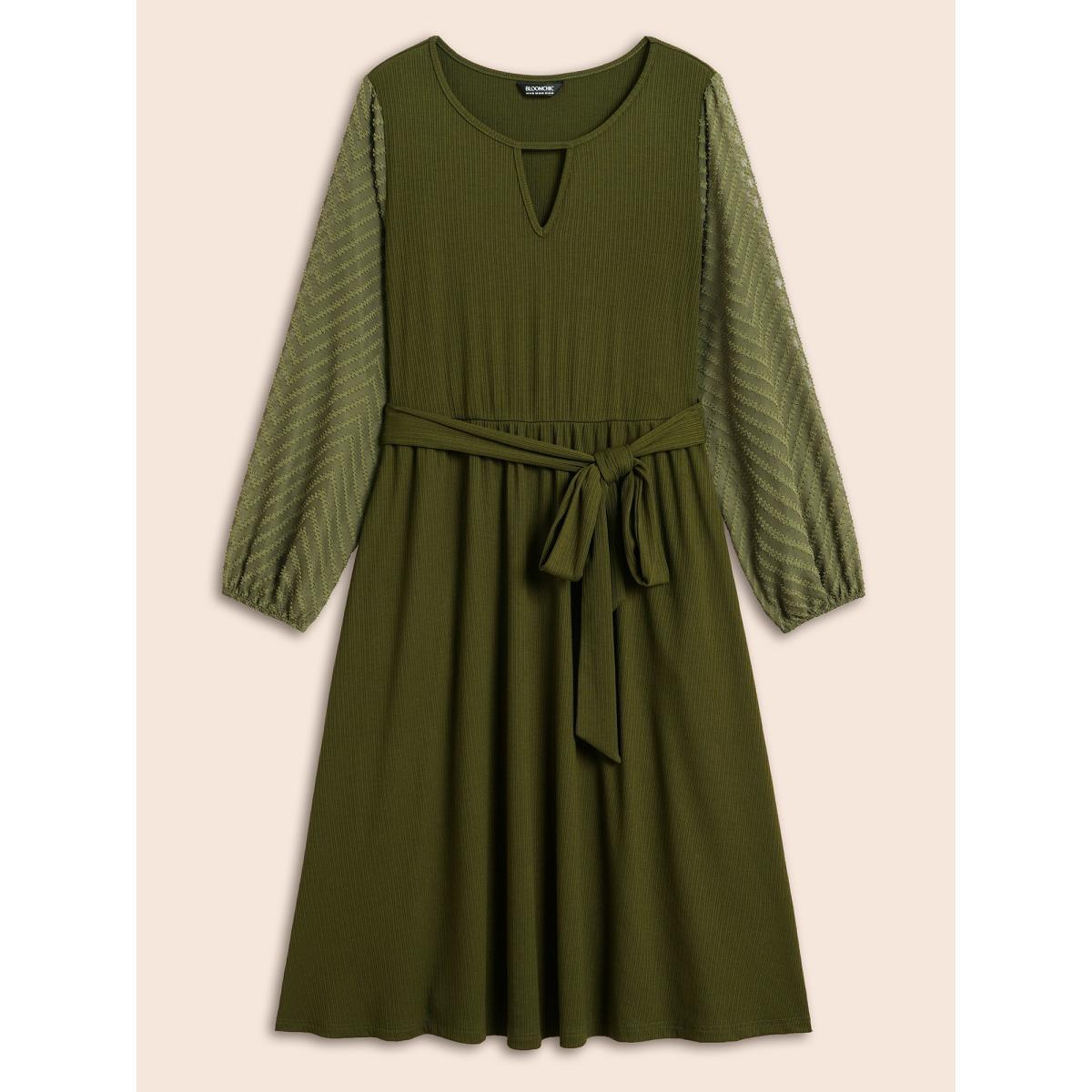Plus Size Textured Patchwork Keyhole Belted Dress Moss Women Elegant Texture Round Neck Long Sleeve Curvy BloomChic 26/4X Product Image