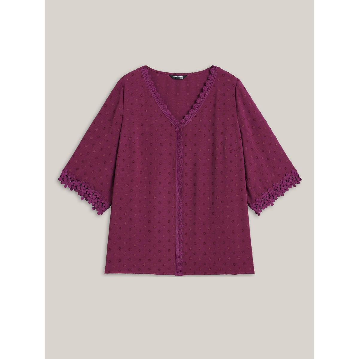 Plus Size Deeppurplered Textured Color-Block Lace Detail Shirt Women Elegant Elbow-length sleeve V-neck Everyday Blouses BloomChic 12/L Product Image