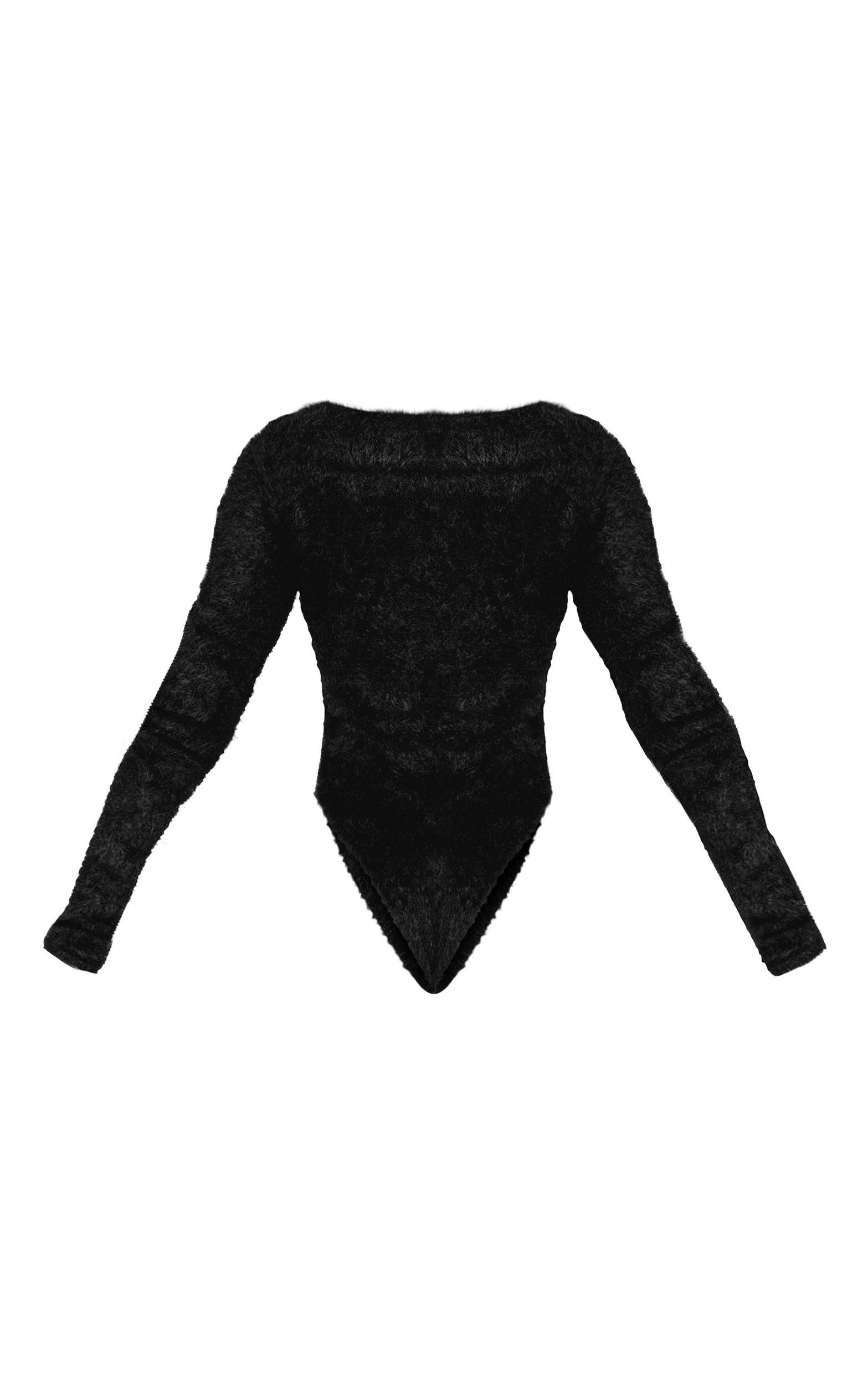 Petite Black Fluffy Round Neck Scoop Long Sleeve Bodysuit Product Image