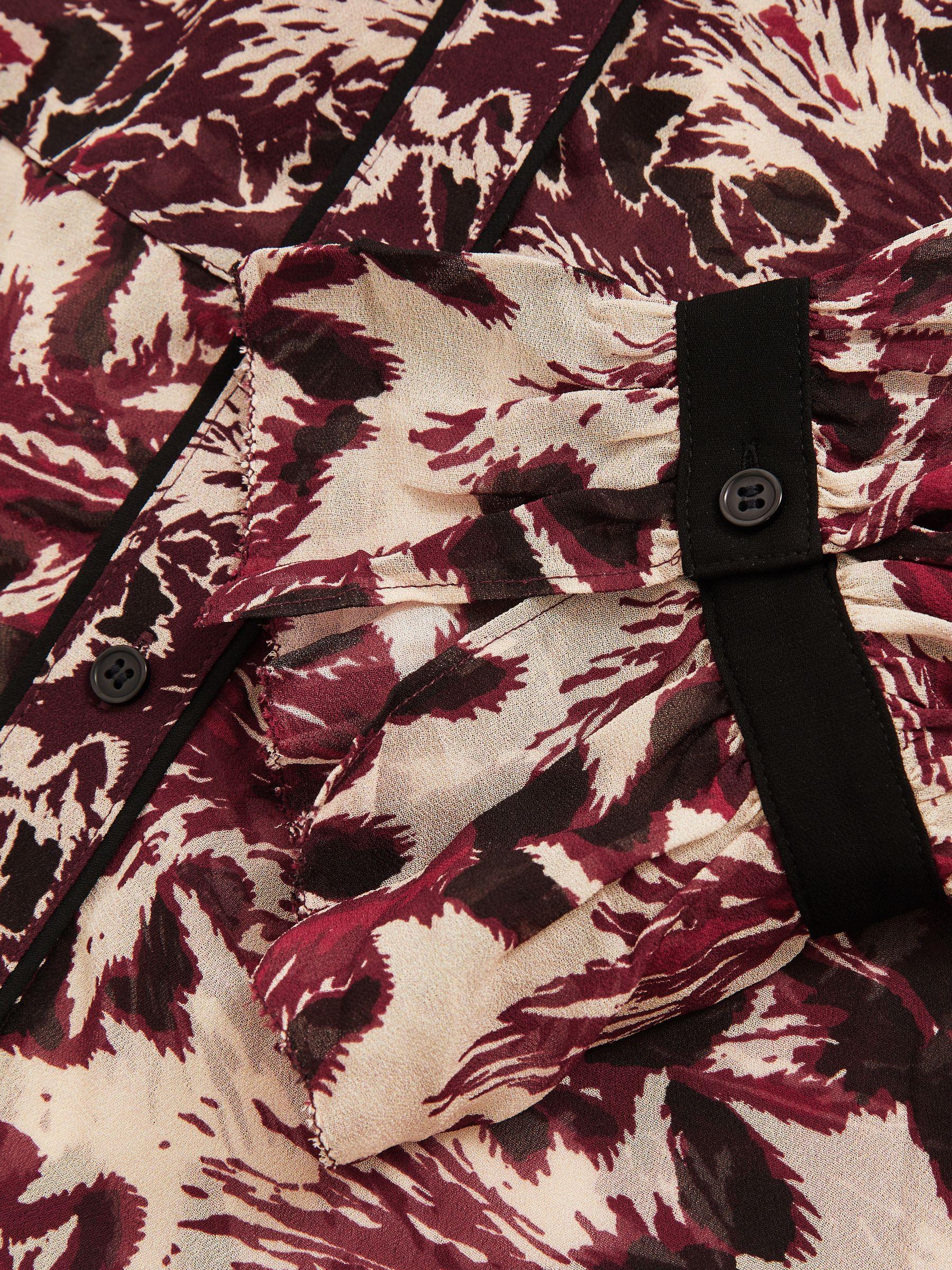 Abstract-Print Ruffle-Neck Shirt in Burgundy/Cream Product Image