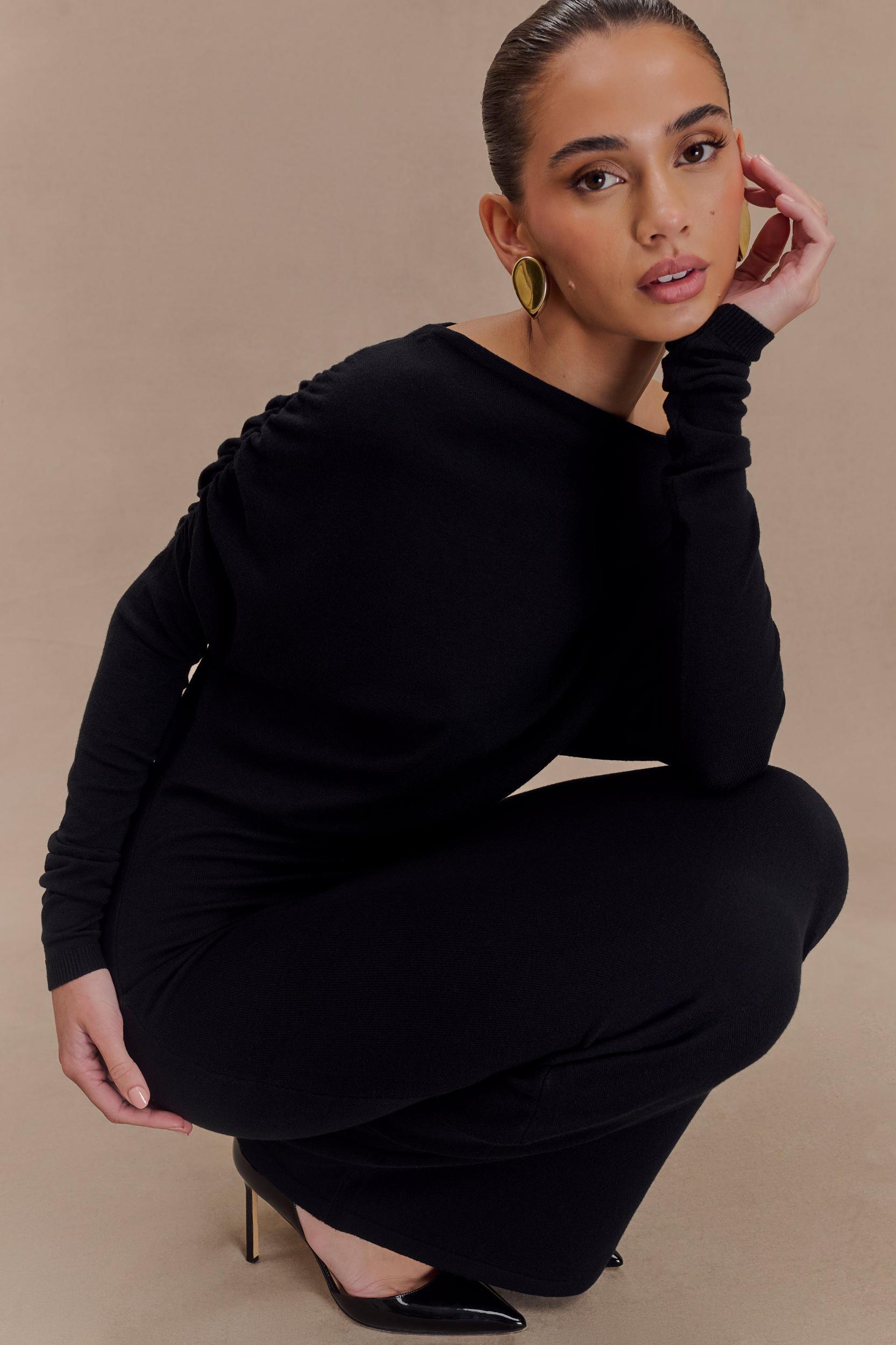Jessie Cowl Neck Knit Midi Dress - Black Product Image