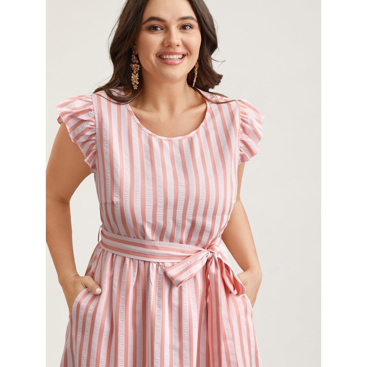 Plus Size Pastel Stripes Belted Pockets Midi Dress Multicolor Women Casual Belted Round Neck Cap Sleeve Curvy BloomChic 26/4X Product Image