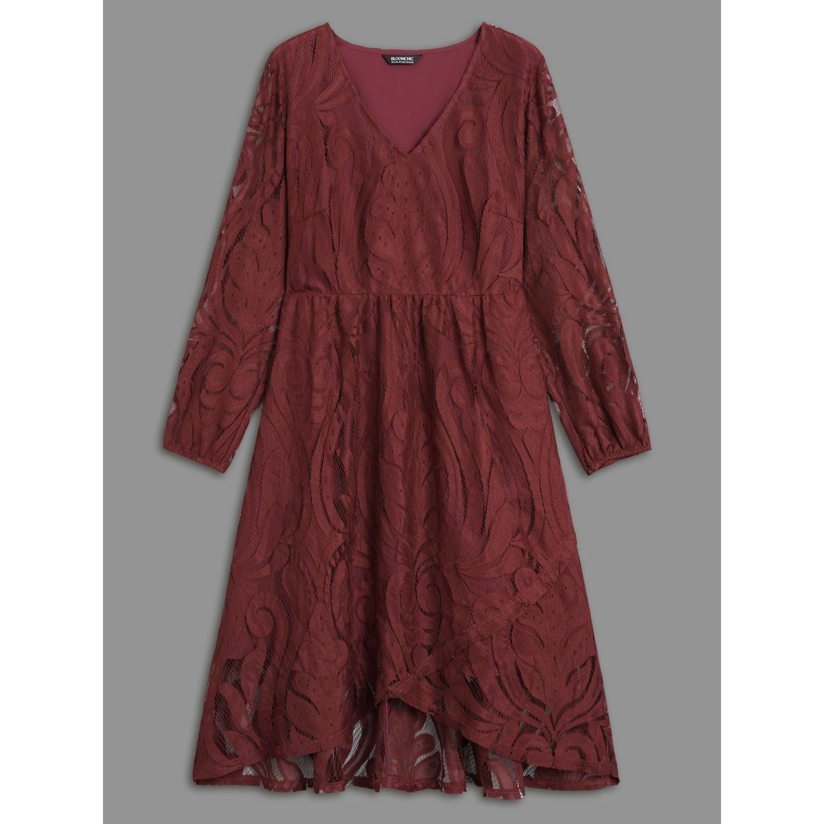 Plus Size Crochet Lace Mesh Lantern Sleeve Dress Burgundy Women Cocktail Overlapping Party Curvy Bloomchic 10/M Product Image