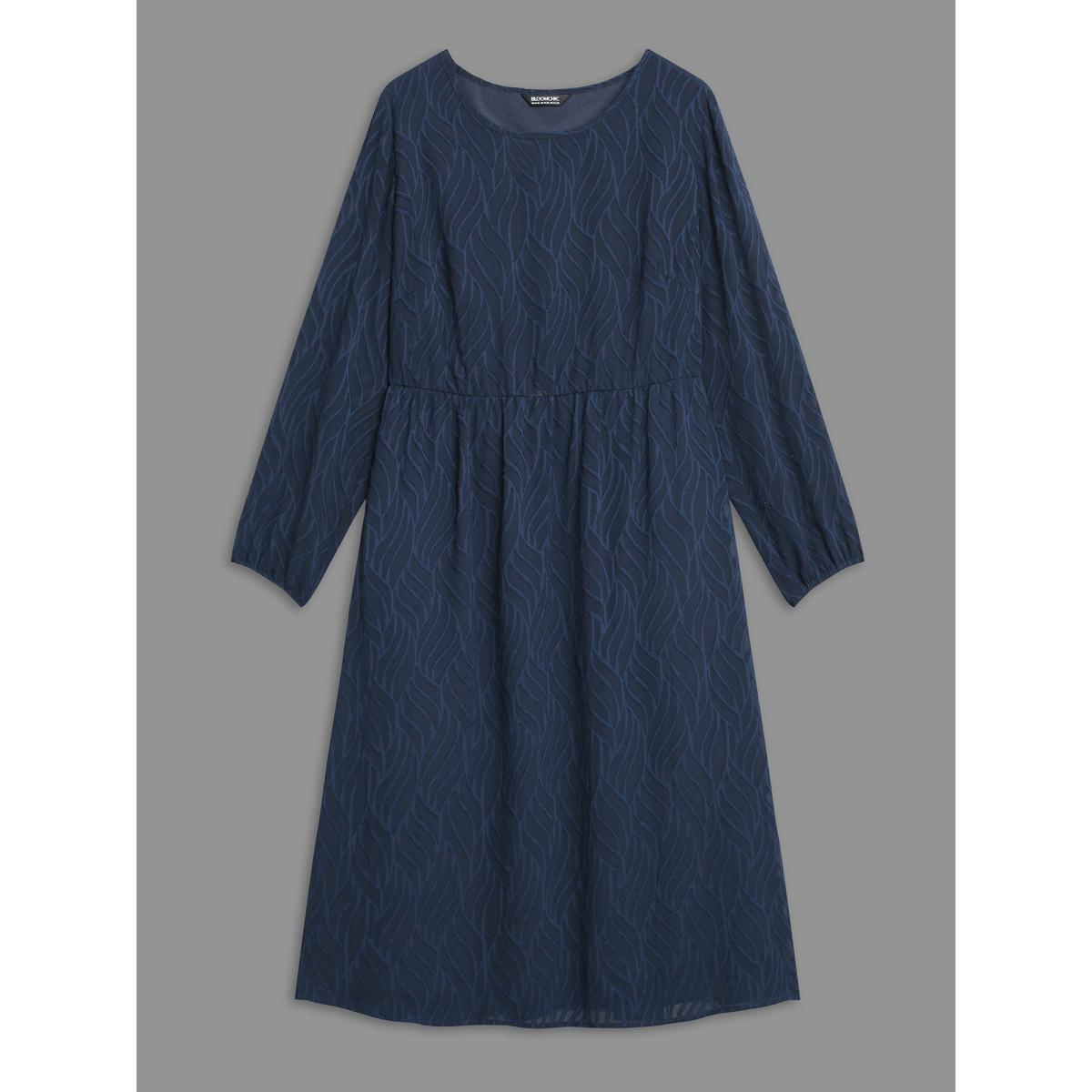 Plus Size Textured Chiffon Lantern Sleeve Midi Dress DarkBlue Women At the Office Texture Round Neck Long Sleeve Curvy BloomChic 26/4X Product Image