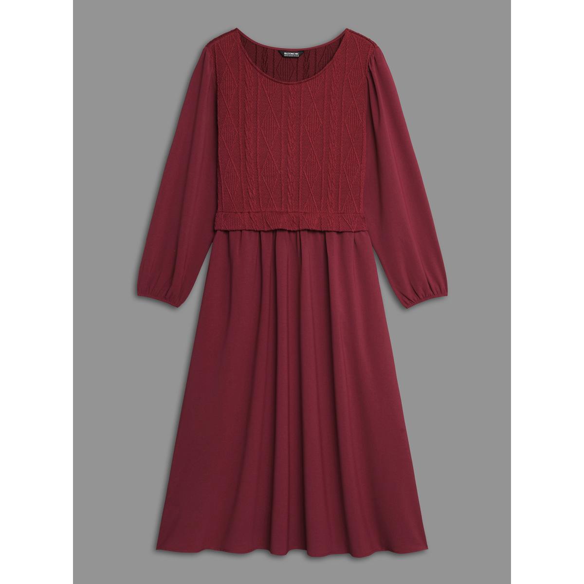 Plus Size Solid Cable Knit Lantern Sleeve Dress Burgundy Women Casual Texture Round Neck Long Sleeve Curvy BloomChic 12/L Product Image