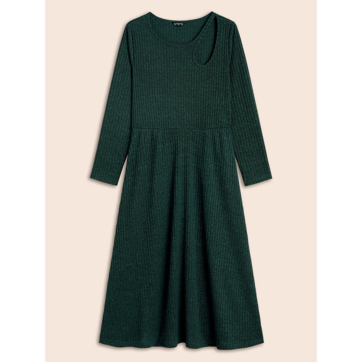 Plus Size Rib Knit Asymmetrical Neck Midi Dress DarkGreen Women Elegant Texture Asymmetrical Neck Long Sleeve Curvy BloomChic 18-20/2X Product Image