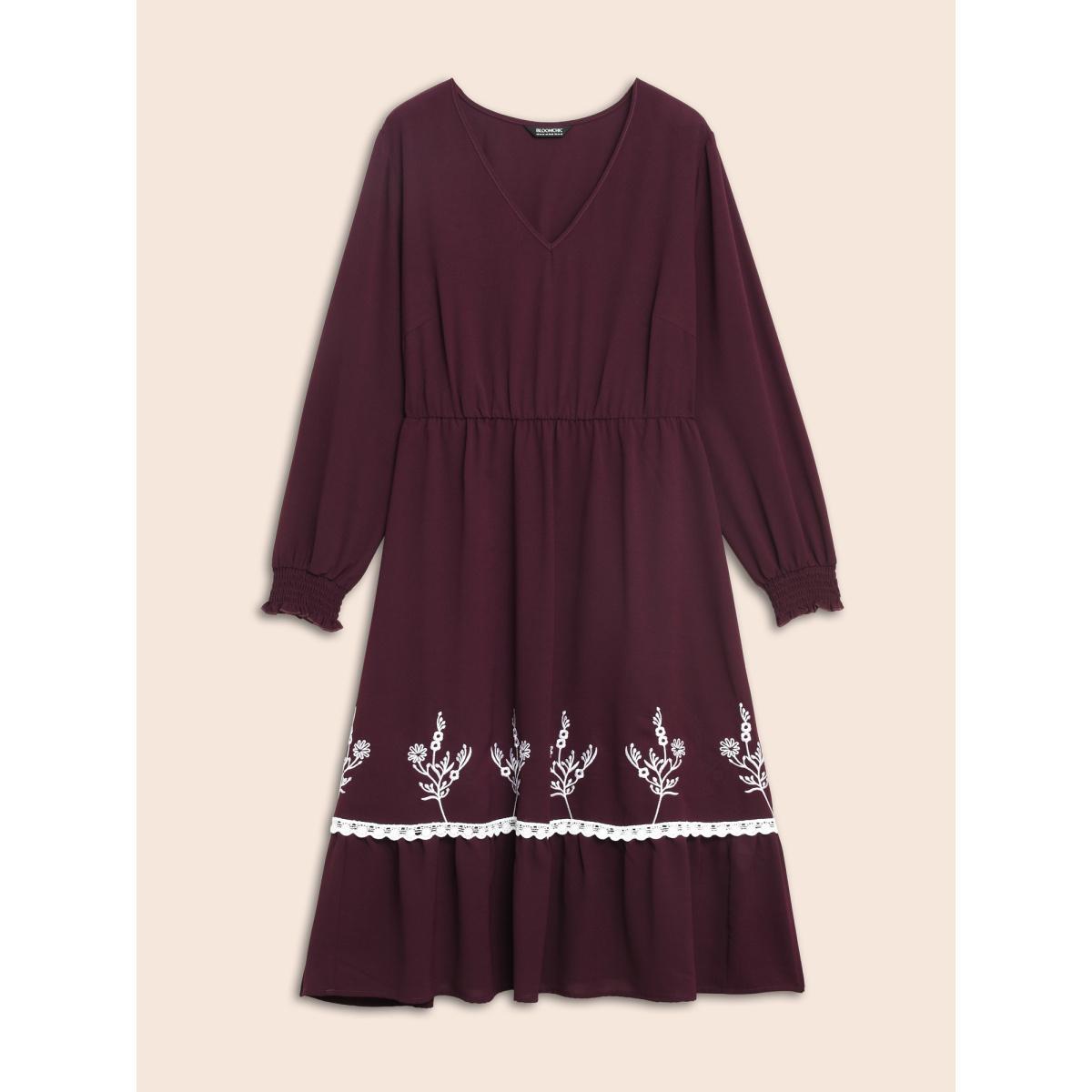Plus Size Floral Embroidered Crochet Lace Midi Dress Eggplant Women Resort Woven ribbon&lace trim V-neck Long Sleeve Curvy BloomChic 18-20/2X Product Image