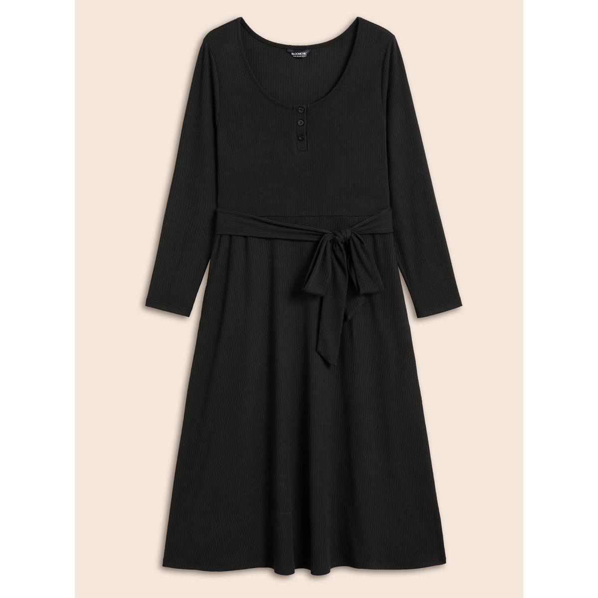 Plus Size Solid Waist Tie Midi Dress Black Women Casual Texture Knit Dresses Bloomchic 10/M Product Image