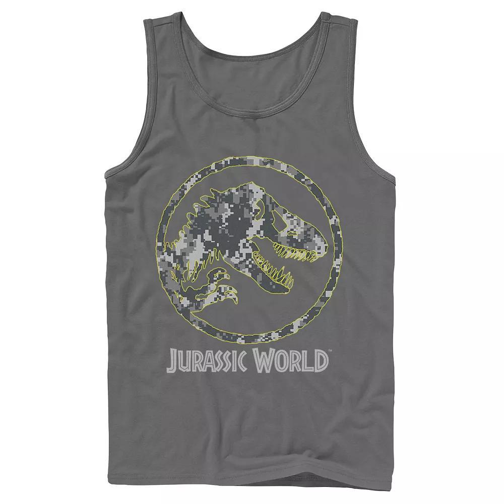 Men's Jurassic World Camouflage Yellow Outline Fossil Coin Logo Tank Top, Size: Large, White Product Image