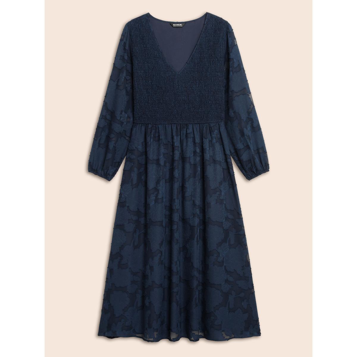 Plus Size Solid Textured Shirred Elastic Waist Dress DarkBlue Women Elegant Texture V-neck Long Sleeve Curvy BloomChic 30/6X Product Image