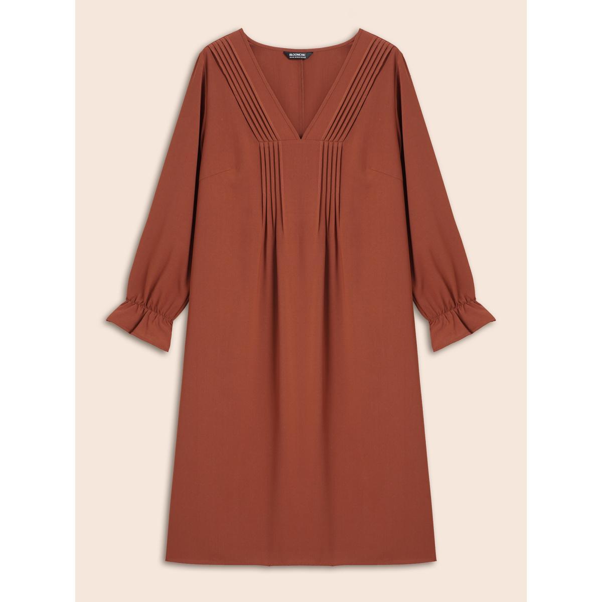 Plus Size Broderie Anglaise Patchwork Tie Knot Dress Browncoffeecolor Women Elegant Patchwork Round Neck Long Sleeve Curvy BloomChic 28/5X Product Image